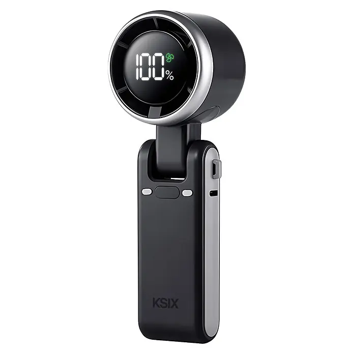 Ksix Ventilador USB de mano Flex 5 Negro KSIX - 5,2 x 6 x 17,1 cm, Duración de la batería: 2 h - 10 h - Ventilador/purificador de aire portátil negro y plateado con una pantalla digital que muestra "100%" y un icono de ventilador, y botones de control.