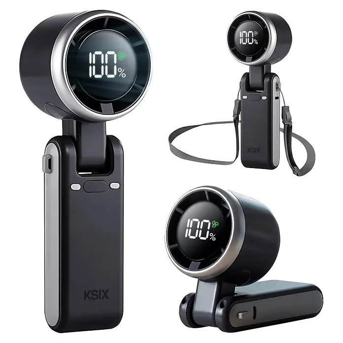 Ksix Ventilador USB de mano Flex 5 Negro KSIX - 5,2 x 6 x 17,1 cm, Duración de la batería: 2 h - 10 h - Ventilador portátil KSIX negro y plateado con pantalla digital que muestra 100% de carga, diseño plegable y correa.