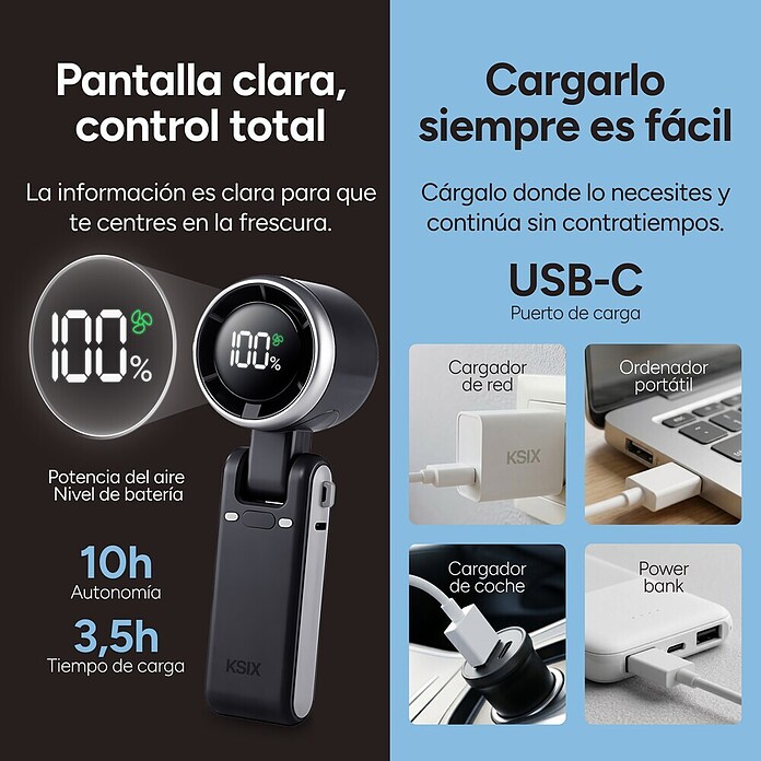 Ventilador de mano Flex 5 Negro KSIX (5,2 x 6 x 17,1 cm, Duración de la batería: 2 h - 10 h) | BAUHAUS