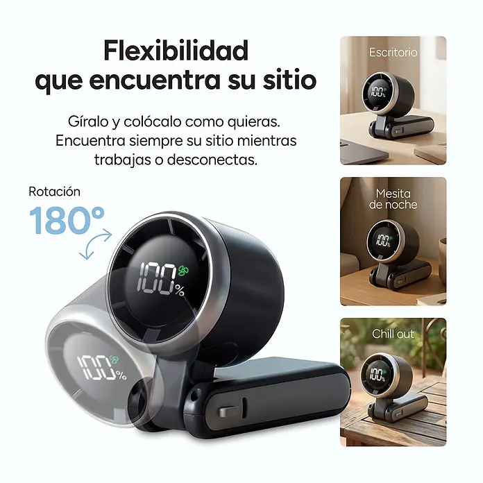 Ksix Ventilador USB de mano Flex 5 Negro KSIX - 5,2 x 6 x 17,1 cm, Duración de la batería: 2 h - 10 h - Ventilador portátil gris oscuro con rotación de 180° y pantalla digital. Se muestra en un escritorio, mesita de noche y exterior.