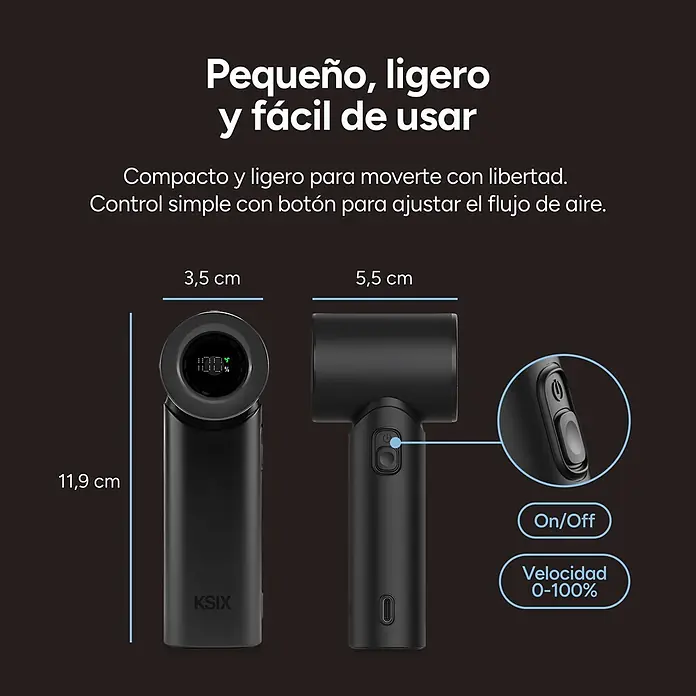 Ksix Ventilador de batería de mano AirGo Turbo KSIX Negro - 4 W, Negro, Duración de la batería: 2 h - 8 h - Dispositivo de mano negro compacto, 11,9x3,5x5,5 cm, con pantalla digital, encendido/apagado y controles de velocidad 0-100%.