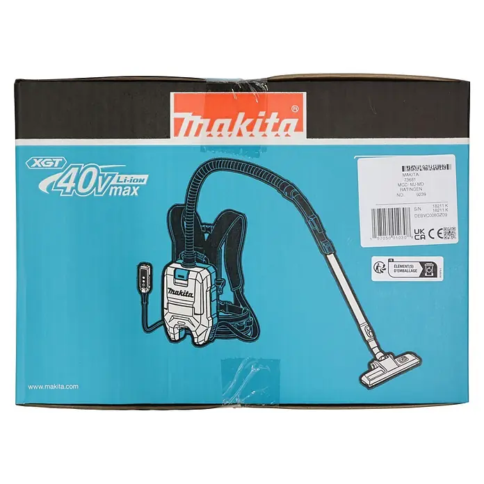 Makita Akku-Rucksackstaubsauger - 40 V, Behältervolumen: 2 l - Makita XGT 40V Li-ion max Rucksacksauger auf hellblauer Produktverpackung.