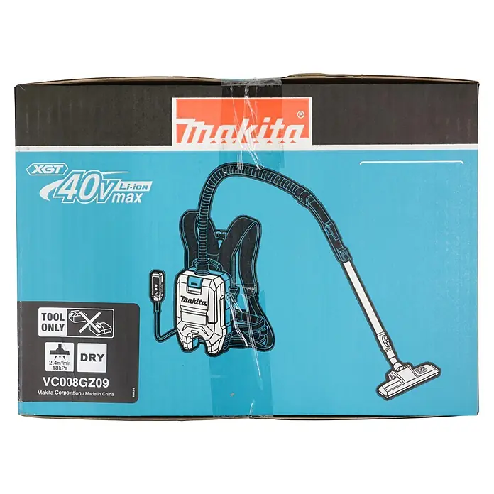 Makita Akku-Rucksackstaubsauger - 40 V, Behältervolumen: 2 l - Makita XGT 40V Li-ion Rucksackstaubsauger (VC008GZ09) auf der Produktverpackung, als 'Tool Only' und 'Dry' gekennzeichnet.