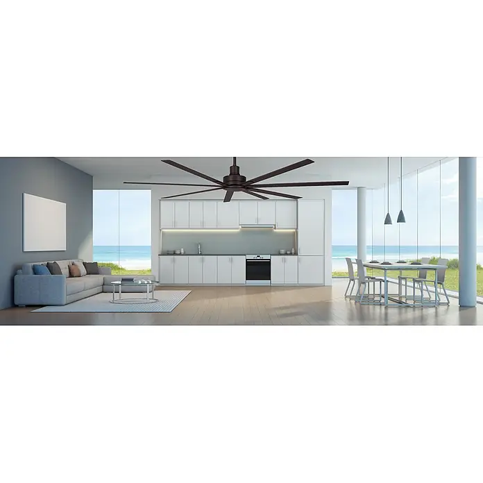 Vam Deckenventilator GIANT bronze 200 cm - Bronze Aluminiumflügel, 2.050 mm, 34 W - Großer, dunkelbrauner Deckenventilator mit mehreren Rotorblättern in einem modernen Wohnraum.