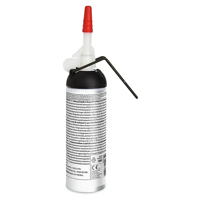 Sista Sanitär-Silikon Bad - Grau, 100 ml - Weiße Dichtstoffkartusche mit schwarzer Basis, roter Spitze und befestigtem schwarzem Metallschlüssel.