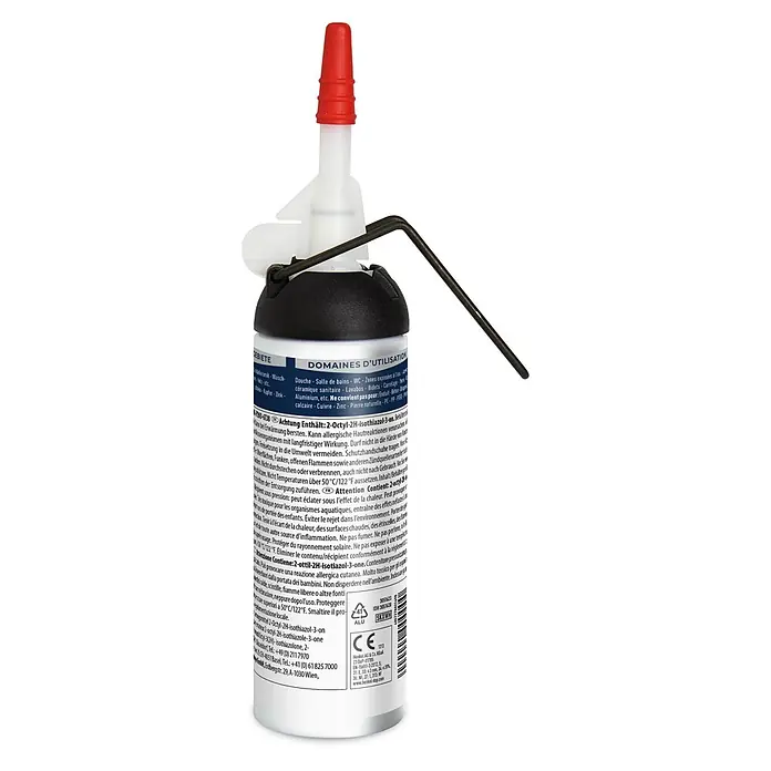 Sista Sanitär-Silikon Express - Weiß, 100 ml - Weißer Tuben-Dichtstoff mit schwarzer Kappe, roter Düsenspitze und angebrachtem schwarzem Metall-Applikatorschlüssel.