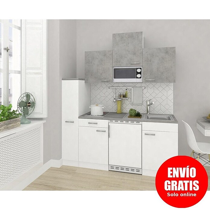 Respekta Cocina compacta Malia (Ancho: 180 cm, Blanco, Gris, Frigorífico, placa de cocina doble y microondas) | BAUHAUS