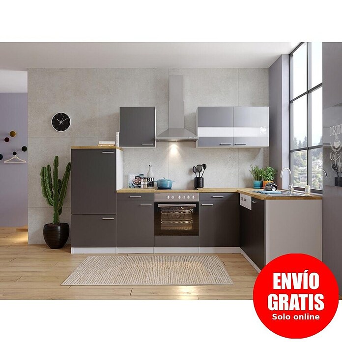 Respekta Cocina esquinera (172 x 280 cm, Con dispositivos eléctricos, Gris)