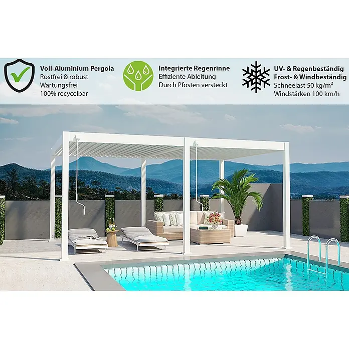 Weide Pergola Deluxe mit Classic Aluminium 6 x 6 M weiß Lamellendach - B x T: 600 x 600 cm, Farbe Gestell: Weiß, Metall - Weiße Aluminium-Pergola, die eine Terrasse mit Gartenmöbeln neben einem Pool beschattet. Das Lamellendach bietet Sonnenschutz.