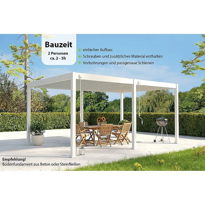 Weide Pergola Deluxe freistehend 3,6 x 5,3 m Weiß Aluminium - B x T: 530 x 360 cm, Farbe Gestell: Sandpapier FinishWeiss / RAL Farbcode 9016, Aluminium - Weiße, moderne Pergola über einem Terrassenbereich mit Esstisch und Grill.