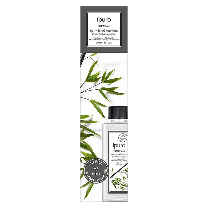 Ipuro Essentials Raumduft Refill - Black Bamboo, 200 ml - ipuro black bamboo Raumerfrischer Nachfüllflasche mit 7 Stäbchen. 200ml Flasche aus 100% recyceltem Kunststoff.