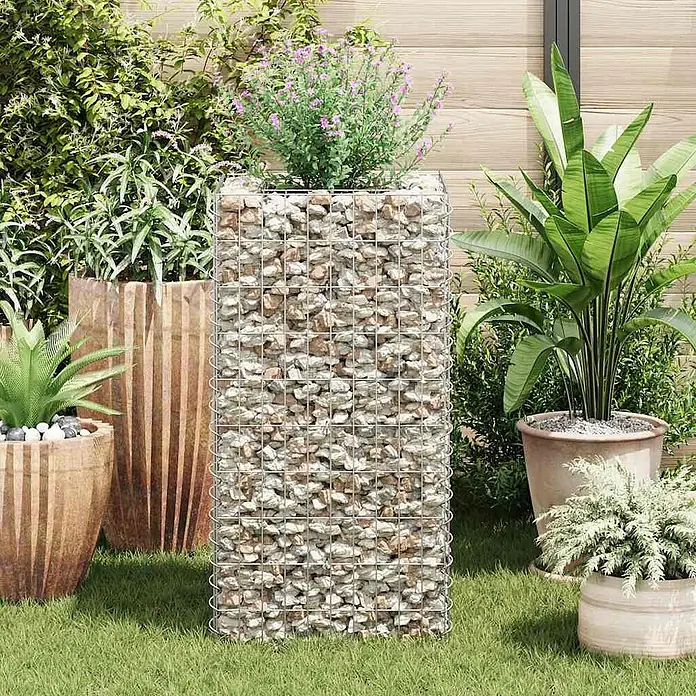 Furnicato Gabionen-Hochbeet - 100 x 50 x 100 cm - Hoher rechteckiger Gabionen-Pflanzkübel aus Metallgitter und hellen Steinen, bepflanzt mit einer blühenden Pflanze, im Garten.
