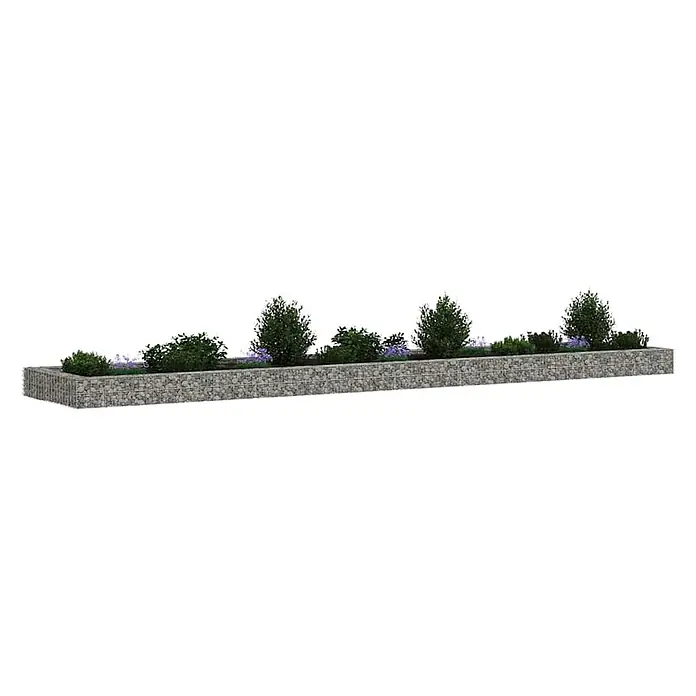 Furnicato Gabionen-Hochbeet - 500 x 100 x 20 cm, Stahl, Fassungsvermögen Erde: 1.000 g - Langes Gabionen-Hochbeet aus grauen Steinen und Drahtgeflecht, bepflanzt mit grünen Büschen und lila Blumen.