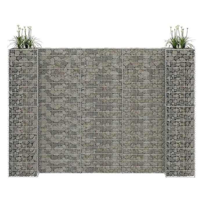 Furnicato Gabionen-Hochbeet - 40 x 260 x 180 cm - Gabionenwand mit grauen Steinen in Metallgeflecht und integrierten Pflanzgefäßen mit grünen Pflanzen.
