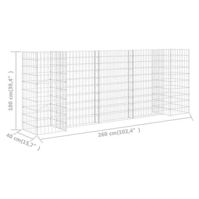 Furnicato Gabionen-Hochbeet - 40 x 260 x 100 cm - Rechteckige Gabionenwand aus silbernem Metallgitter, Maße 260x40x100 cm (L x B x H).