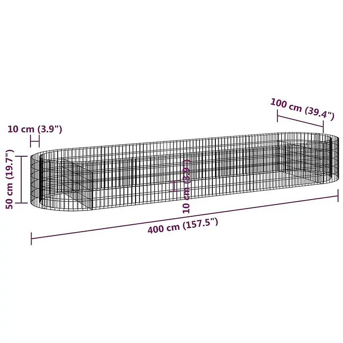 Furnicato Gabionen-Hochbeet - 100 x 400 x 50 cm, Metall, Fassungsvermögen Erde: 2.000 g - Längliches Hochbeet aus Drahtgeflecht zum Pflanzenanbau.