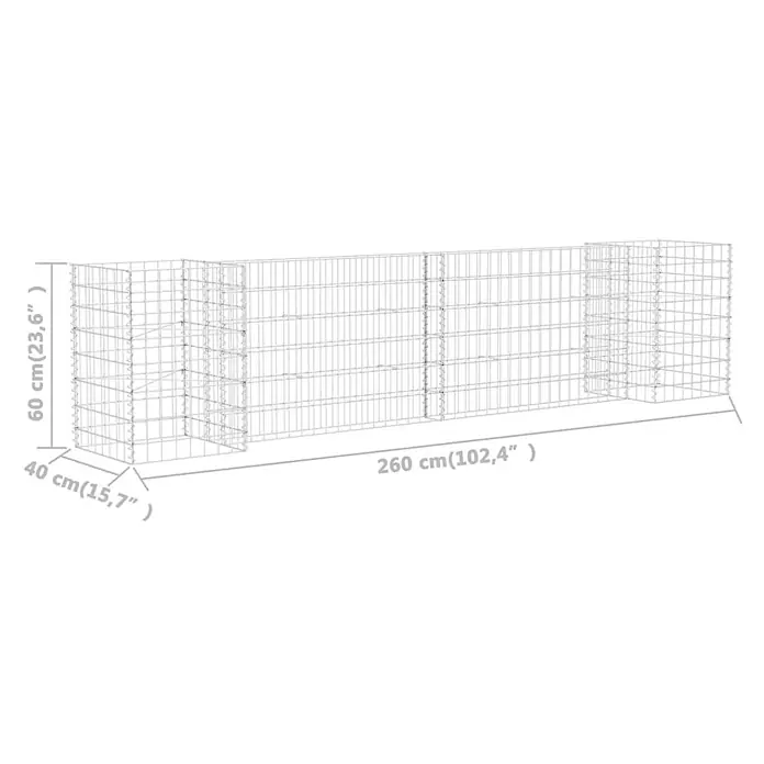 Furnicato Gabionen-Hochbeet - 40 x 260 x 60 cm - Drahtgeflecht-Gabionenwand mit Maßen 260 cm lang, 60 cm hoch und 40 cm breit.