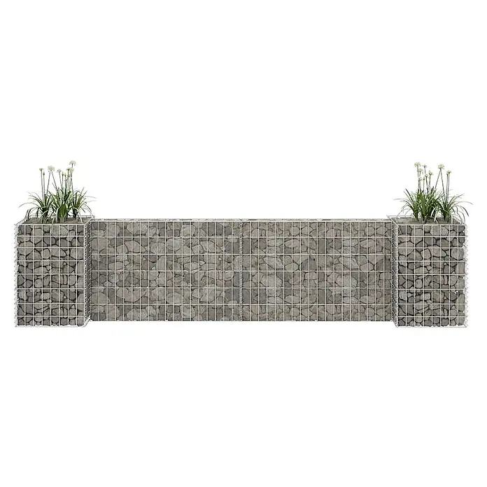 Furnicato Gabionen-Hochbeet - 40 x 260 x 60 cm - Gabionenwand aus Metallgitter mit grauen Steinen, integrierten Pflanzgefäßen und grünen Pflanzen mit weißen Blüten.
