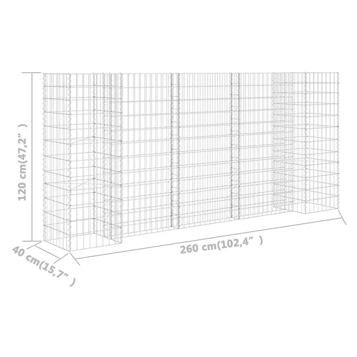 Furnicato Gabionen-Hochbeet - 40 x 260 x 120 cm - Silberne Drahtgitter-Gabionenwand, 260x40x120 cm (LxTxH).