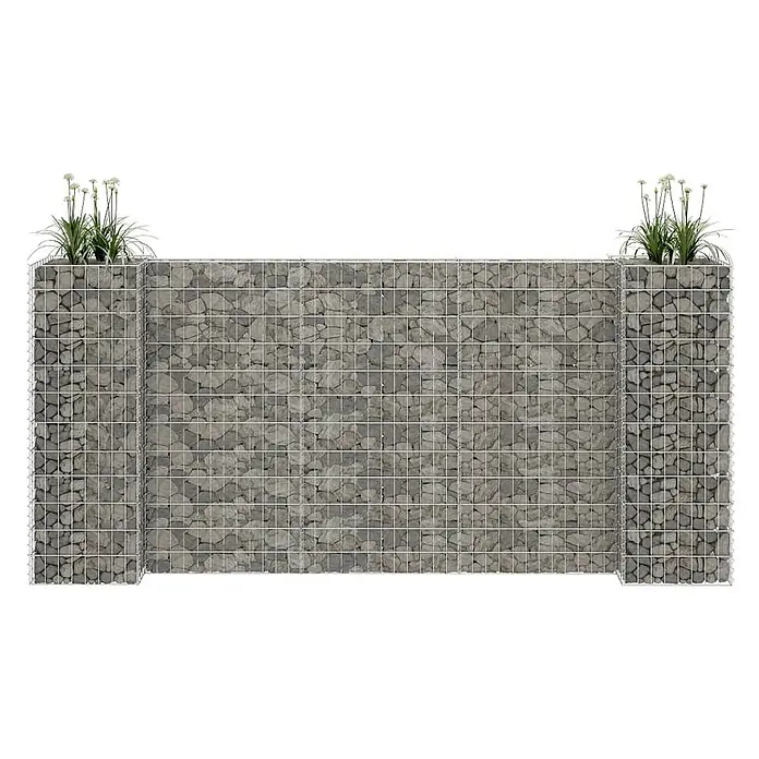 Furnicato Gabionen-Hochbeet - 40 x 260 x 120 cm - Gabionenwand aus Steinen in Metallgeflecht, mit integrierten Pflanzgefäßen mit Grünpflanzen an den Enden.