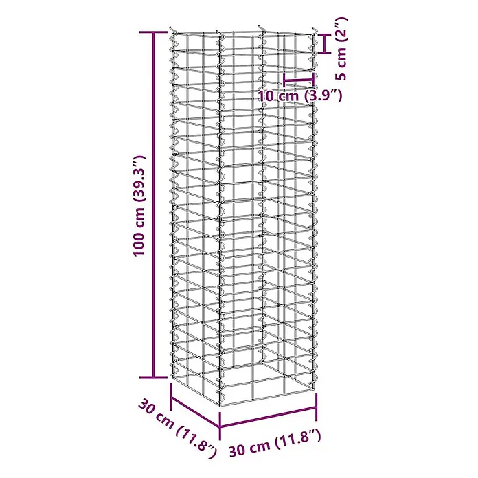 Furnicato Gabionen-Hochbeet - 30 x 30 x 200 cm, Metall, Fassungsvermögen Erde: 1.200 g - Drahtgitter-Gabione, 100x30x30 cm, mit 10x5 cm Maschenweite.