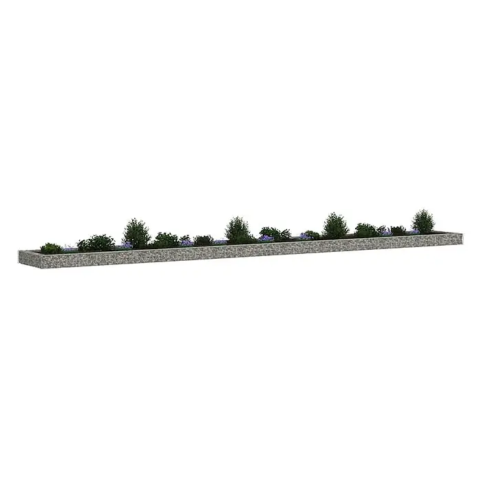 Furnicato Gabionen-Hochbeet - 80 x 100 x 20 cm - Langes Gabionen-Pflanzgefäß mit verschiedenen Grünpflanzen und lila Blüten.