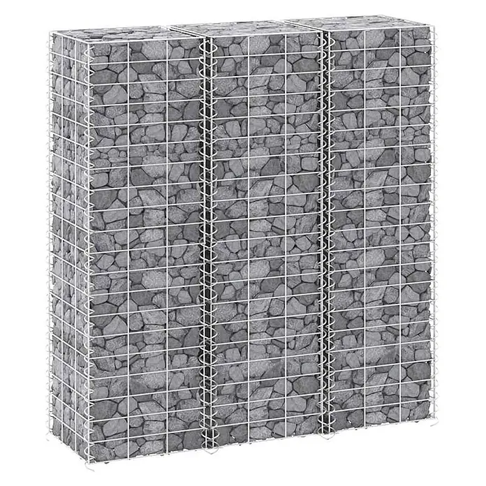 Furnicato Gabionen-Hochbeet Set, 3-teilig, Eisen, 30x30x100 cm, Silbern -  - Gabione aus weißem Drahtgeflecht, gefüllt mit grauen Steinen, als stabile Stützmauer.