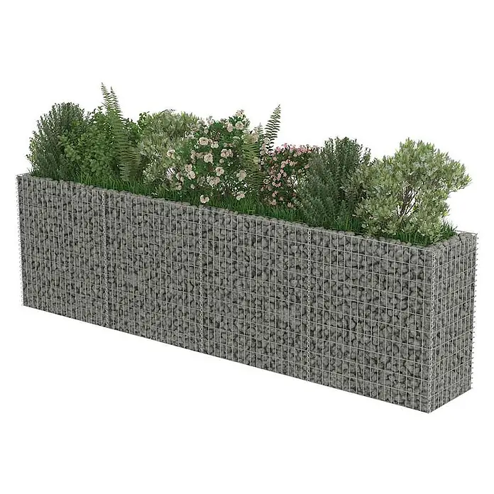 Furnicato Gabionen-Hochbeet - 50 x 360 x 100 cm - Rechteckiger, grauer Gabionen-Pflanzkübel mit verschiedenen Grünpflanzen und blühenden Sträuchern.