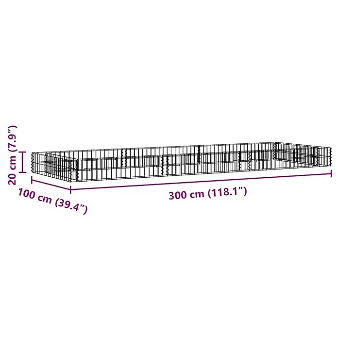 Furnicato Gabionen-Hochbeet - 100 x 300 x 20 cm, Stahl, Fassungsvermögen Erde: 600 g - Rechteckiger schwarzer Drahtgitter-Gabionenkorb mit Maßen: 20x100x300cm.