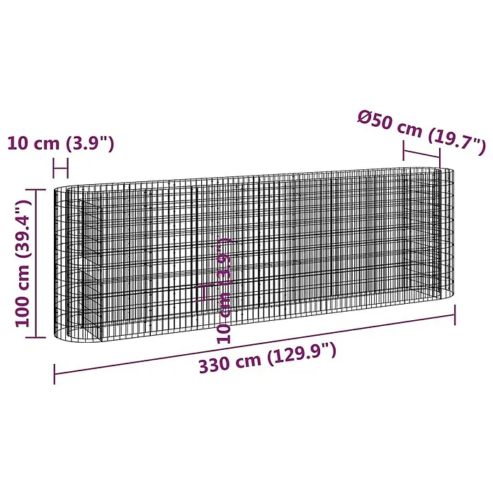 Furnicato Gabionen-Hochbeet - 50 x 330 x 100 cm, Metall, Fassungsvermögen Erde: 1.650 g - Schwarzer Drahtgeflecht-Gabion, 330 cm lang, 100 cm hoch, 50 cm breit, für Gartenbau.
