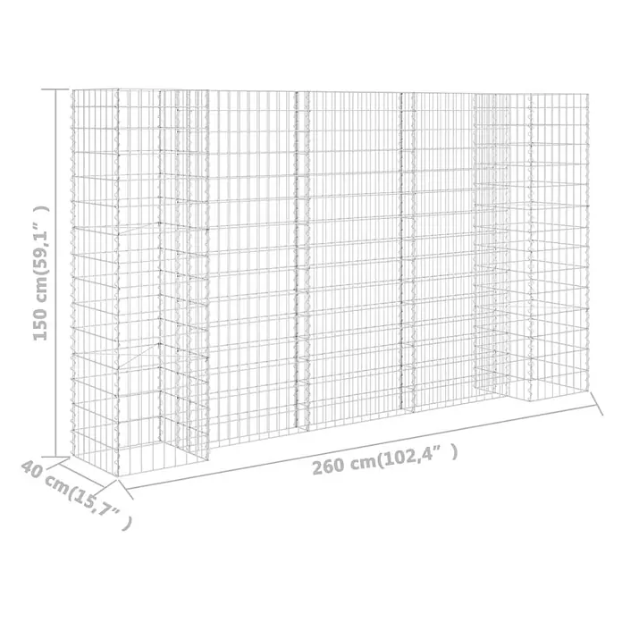 Furnicato Gabionen-Hochbeet - 40 x 260 x 150 cm - Gabionenwand aus silbernem Drahtgeflecht, 150x260x40 cm (HxBxT).