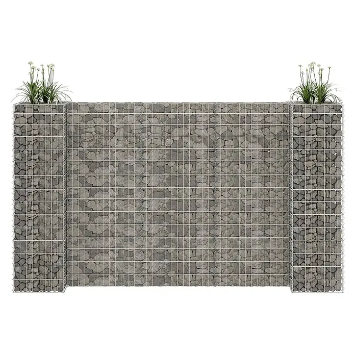 Furnicato Gabionen-Hochbeet - 40 x 260 x 150 cm - Gabionenwand aus grauen Steinen in Metallgeflecht, mit zwei integrierten Gabionen-Pflanzgefäßen mit Grünpflanzen.