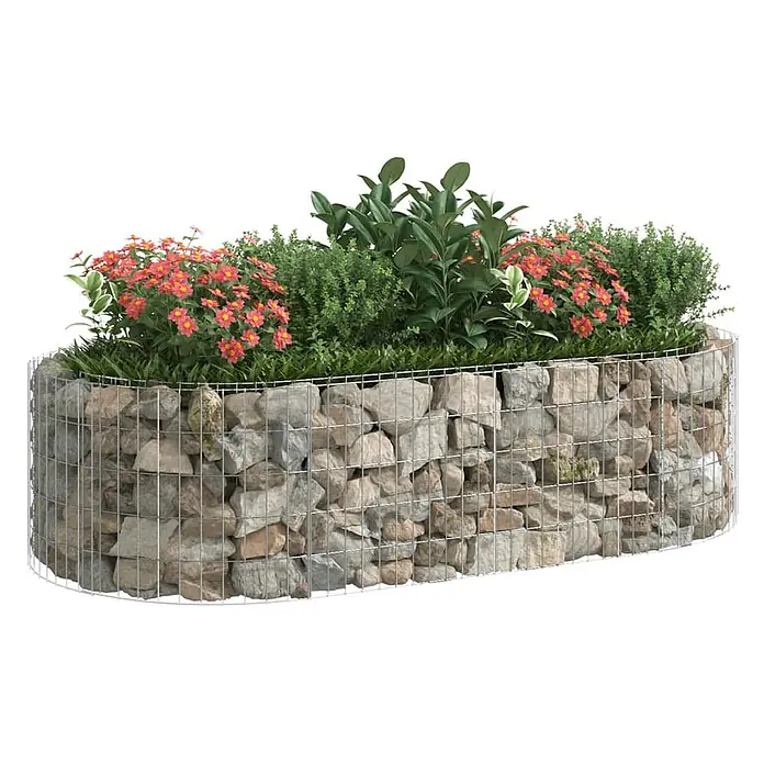 Furnicato Gabionen-Hochbeet - 100 x 200 x 50 cm, Metall, Fassungsvermögen Erde: 1.000 g - Gebogener Gabionen-Pflanzkasten aus Drahtgeflecht und Steinen, gefüllt mit Grünpflanzen und roten Blumen.