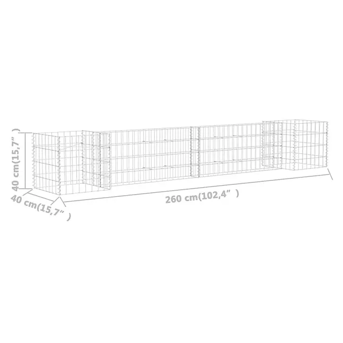 Furnicato Gabionen-Hochbeet - 40 x 260 x 40 cm - Lange rechteckige Drahtgitter-Gabione, 260x40x40 cm, mit inneren Stützstrukturen.