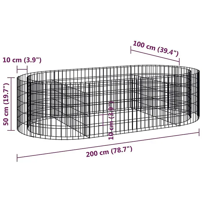 Furnicato Gabionen-Hochbeet - 100 x 200 x 50 cm, Metall, Fassungsvermögen Erde: 1.000 g - Schwarzes ovales Haustiergehege aus Metallgitter, 200x100x50 cm.