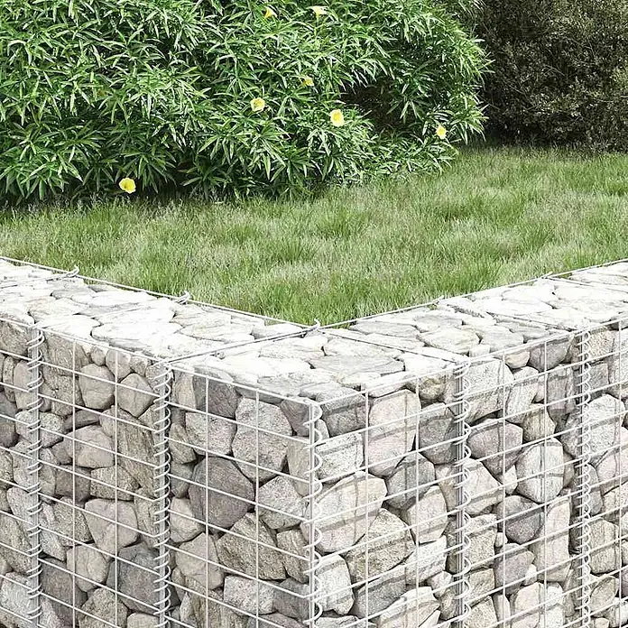 Furnicato Gabionen-Hochbeet Eisen - 30 x 30 x 50 cm, Metall, Fassungsvermögen Erde: 45 g - Eckförmige Gabionenwand aus Drahtgitter und hellgrauen Steinen.