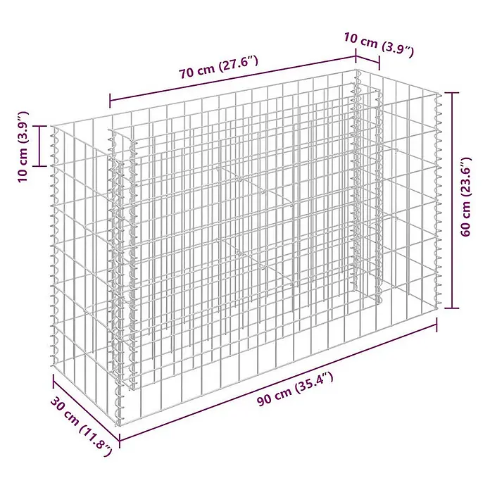 Furnicato Gabionen-Hochbeet - 30 x 90 x 60 cm - Drahtgitter-Gabionenkorb, 90x30x60 cm, mit interner 70x10 cm Trennwand.