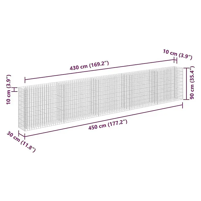 Furnicato Gabionen-Hochbeet - 30 x 450 x 90 cm - Rechteckiger Gabionenkorb aus grauem Drahtgeflecht, 450 cm lang, 30 cm breit, 90 cm hoch.