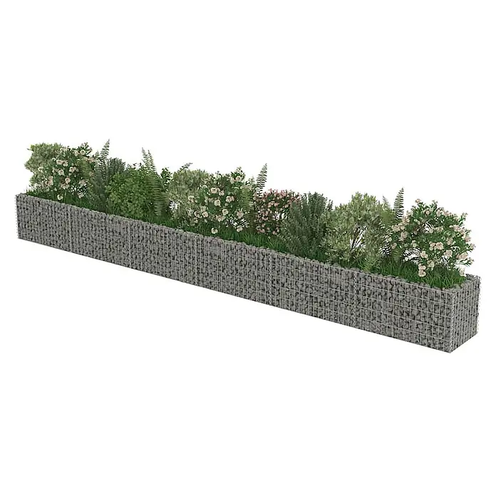 Furnicato Gabionen-Hochbeet - 520 x 50 x 50 cm - Langes Gabionen-Pflanzgefäß gefüllt mit vielfältigen Grünpflanzen und blühenden Sträuchern.