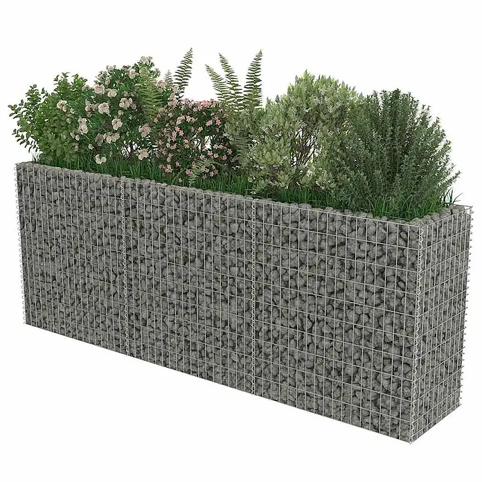 Furnicato Gabionen-Hochbeet - 50 x 270 x 100 cm - Rechteckiges Gabionen-Hochbeet aus Drahtgeflecht mit grauen Steinen, bepflanzt mit diversen Gräsern und blühenden Sträuchern.