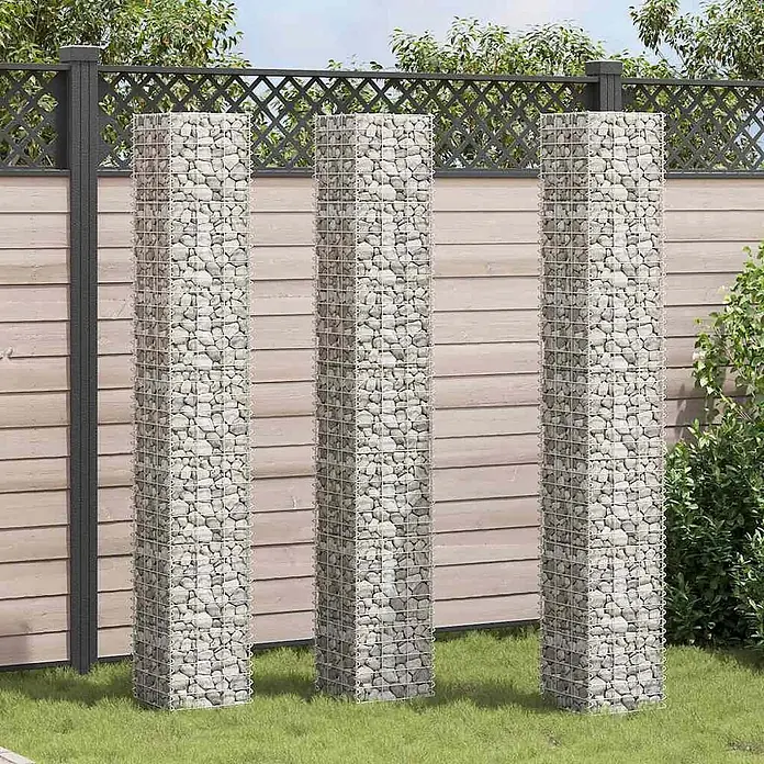 Furnicato Gabionen-Hochbeet - 200 x 30 x 200 cm, Metall, Fassungsvermögen Erde: 180 g - Drei hohe, steingefüllte Gabionensäulen aus Metallgeflecht, zur Gartengestaltung.
