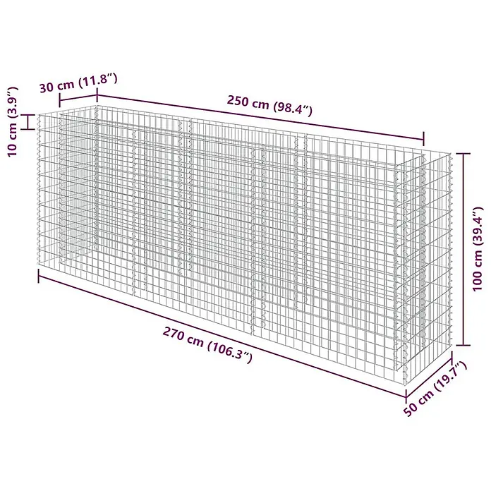 Furnicato Gabionen-Hochbeet - 50 x 270 x 100 cm - Rechteckiger Gabionenkorb aus Metallgitter für Stützmauern oder Landschaftsgestaltung.