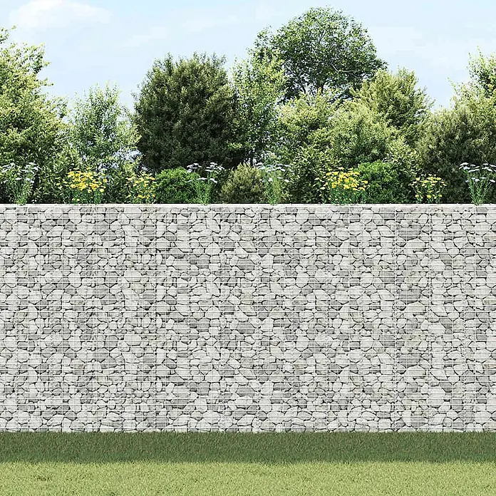 Furnicato Gabionen-Hochbeet - 200 x 30 x 200 cm, Metall, Fassungsvermögen Erde: 180 g - Gabionenwand gefüllt mit hellgrauen Steinen, als stabile Gartenbegrenzung inmitten von Laub und Blumen.