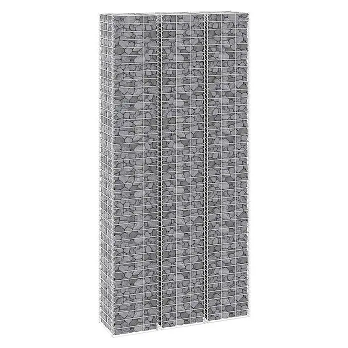Furnicato Gabionen-Hochbeet - 200 x 30 x 200 cm, Metall, Fassungsvermögen Erde: 180 g - Hohe Gabionenwand aus drei Abschnitten weißer Drahtgitterkörbe, gefüllt mit grauen Steinen.