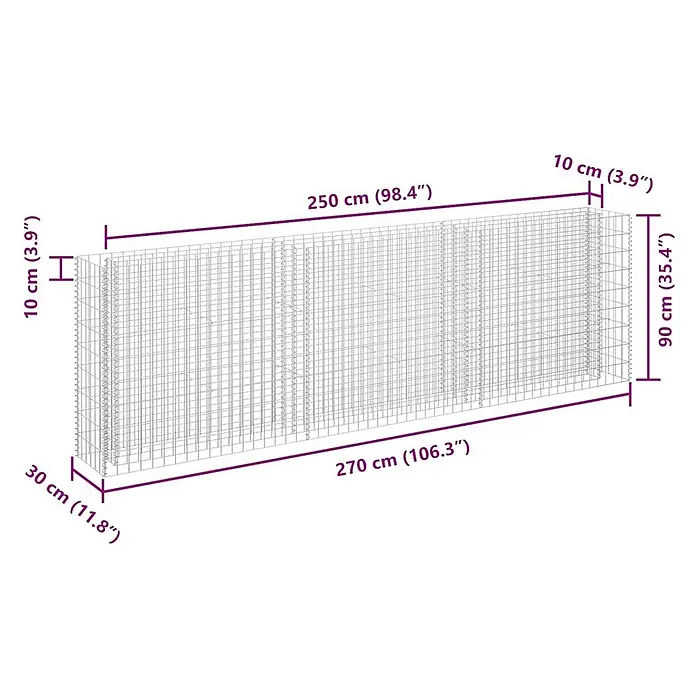 Furnicato Gabionen-Hochbeet - 30 x 270 x 90 cm - Rechteckiger Drahtgeflecht-Gabionenkorb mit Maßen: 270 cm Länge, 90 cm Höhe, 30 cm Tiefe.
