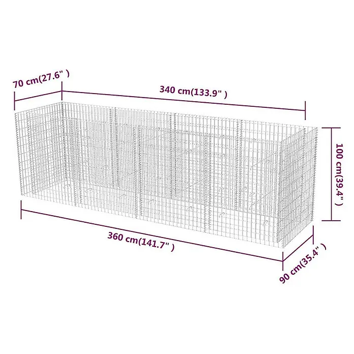 Furnicato Gabionen-Hochbeet - 90 x 360 x 100 cm - Lange Gabionenwand aus Metallgitter mit inneren Trennwänden. Abmessungen: 360x90x100 cm.