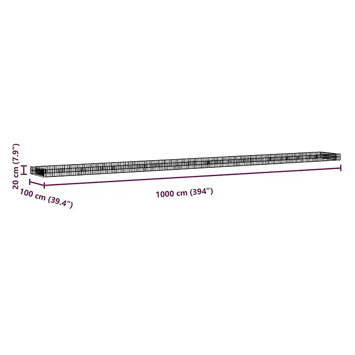 Furnicato Gabionen-Hochbeet - 100 x 1.000 x 20 cm - Langer rechteckiger Gabionen-Drahtgeflechtkäfig, 1000 cm lang, 100 cm breit, 20 cm hoch.