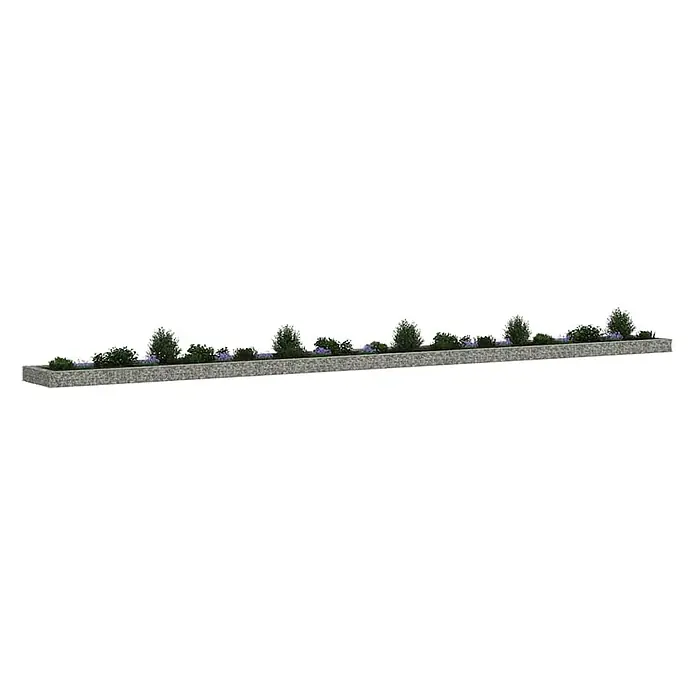 Furnicato Gabionen-Hochbeet - 100 x 1.000 x 20 cm - Langer Gabionen-Pflanzkasten mit verschiedenen grünen Pflanzen und lila Blüten.