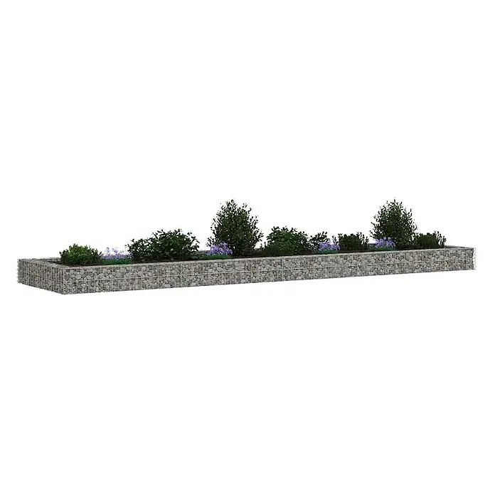 Furnicato Gabionen-Hochbeet - 400 x 100 x 20 cm - Langes Gabionen-Pflanzgefäß mit grünen Sträuchern und lila Blumen gefüllt.