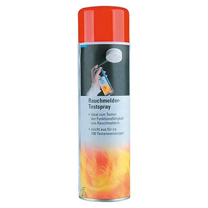 Rauchmeldertestspray - 300 ml, Anzahl Anwendungen: 100 - Das Bild zeigt eine Dose Rauchmelder-Testspray mit rotem Deckel vor einem weißen Hintergrund. Das Spray dient zur Funktionsprüfung von Rauchmeldern.